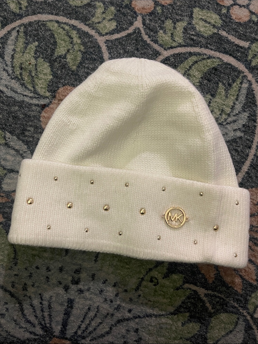 Michael Kors Cream Knit Beanie with Gold Studs & MK Emblem